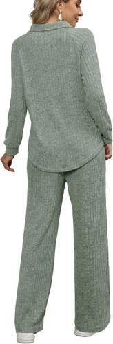 Miniatura 4 de WIHOLL Conjunto de 2 piezas para mujer, ropa de descanso, pantalones de pierna ancha, cuello en V, conjunto de pijama