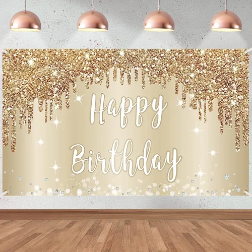 Miniatura 11 de Cartel de feliz cumpleaños 15 para niñas, decoración de fondo de cumpleaños dorado y blanco con texto en inglés "Sweet 15", póster de fondo