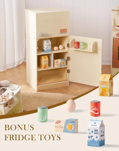 Miniatura 6 de ROBOTIME Juego de Cocina de Juguete - Refrigerador de Juguete de Madera con Accesorios, Juego de Cocina de Simulación para Niños y Niños Pequeños