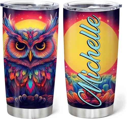 Miniatura 9 de Hyturtle Vaso Personalizado para Amantes de Búhos - Vaso de Café de Acero Inoxidable con Impresión de Búhos y Nombre Personalizado 590 ml con Tapa
