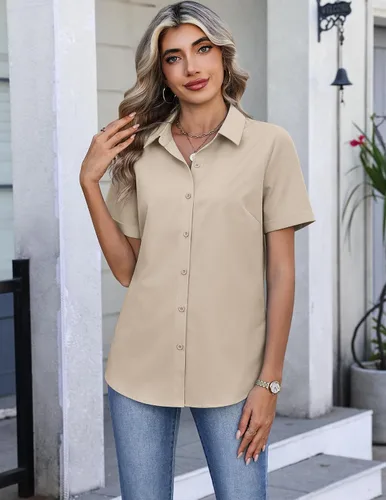Miniatura 2 de HOTOUCH Camisas con botones para mujer, camisas de vestir de manga corta, blusas casuales de negocios, blusa de trabajo de oficina