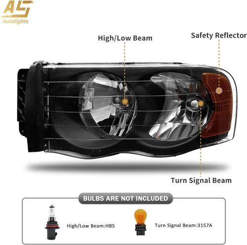 Miniatura 3 de Repuesto de conjunto de faros AS para Dodge Ram 1500 2002-2005/Ram 2500 3500 2003-2005 con carcasa negra, reflector ámbar, lentes transparentes