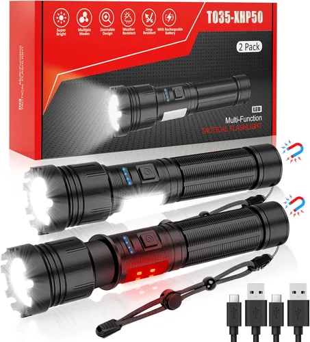Banral Linterna magnética recargable, linternas de bolsillo LED superbrillantes de alto lúmenes con luz lateral COB, tipo C, zoomable, 7 modos, IPX7
