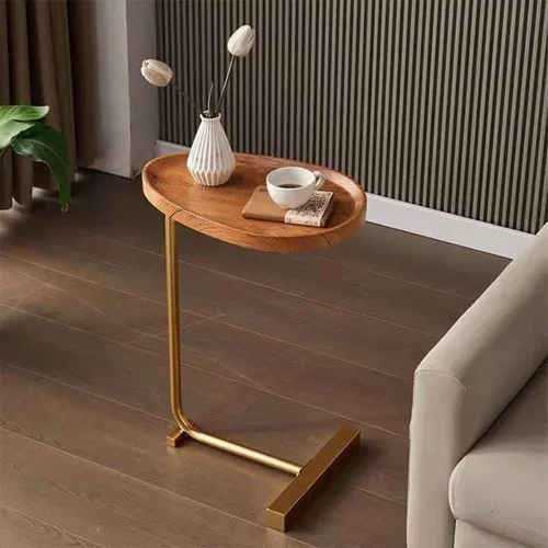 Miniatura 8 de Mesa C pequeña redonda lateral para sofá, mesita de noche, sala de estar, mesa moderna de bandeja de TV, marco dorado, parte superior de madera