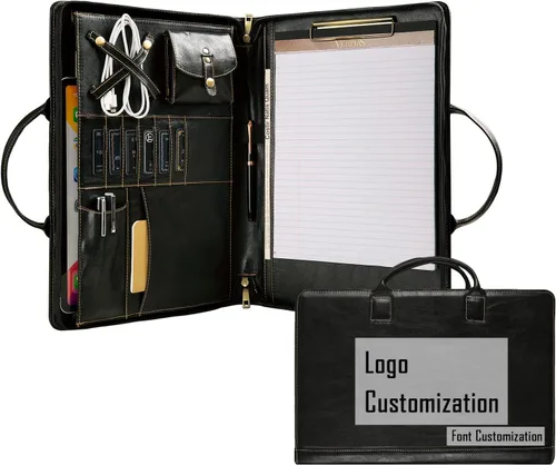 Miniatura 16 de Portafolio de Cuero Genuino, Organizador Padfolio con Asa, Padfolio Personalizado, Padfolio con Cremallera para Hombres y Mujeres, Adecuado