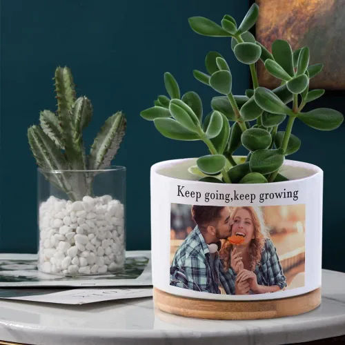 Maceta de cerámica personalizada para suculentas con tu foto, texto, nombre, maceta de cactus con bandeja de bambú para el hogar, oficina, regalo