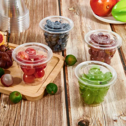Miniatura 7 de Vplus Paquete de 200 vasos de plástico PET de 9 onzas con tapas planas, vasos de plástico desechables de cristal para parfait, frutas, postres