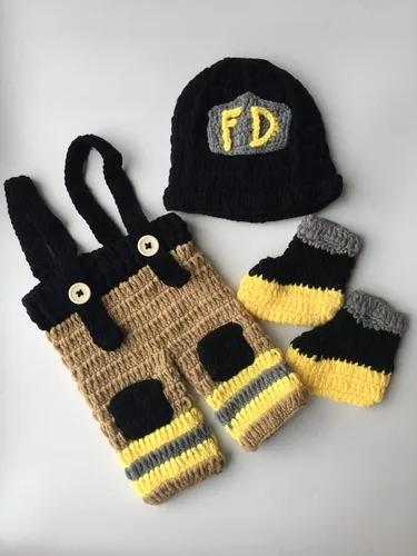 Miniatura 2 de Pinbo Bebé Fotografía Prop Crochet Punto Bombero Bombero Sombrero Pantalones Zapatos