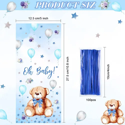 Miniatura 2 de Pajean Paquete de 100 bolsas de regalo de oso para baby shower, de celofán, bolsas de regalo de plástico a granel con lazos metálicos