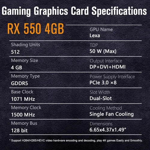 Miniatura 6 de RX 550 - Tarjeta gráfica para juegos de 4 GB GDDR5 de 128 bits PCIe 3.0 x8 con alimentación DisplayPort, salidas HDMI y DVI RX 550 4GB