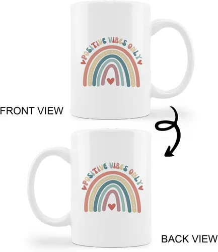 Miniatura 5 de Taza de cerámica retro Groovy Positive Vibes Boho Rainbow Heart de 11 onzas, taza de té con leche con asa, regalos positivos para mujeres
