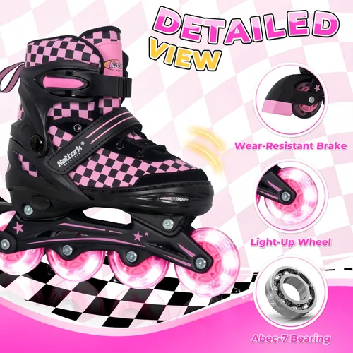 Miniatura 2 de Nattork Patines en línea ajustables para niños y adolescentes, ruedas iluminadoras, patines con diseño de tablero de ajedrez para niños y niñas Rosa
