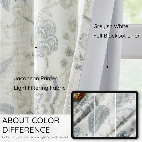 Miniatura 6 de Kayne Studio Paneles de cortina 100% opaca azul gris con estampado de hojas botánicas, cortinas florales de estilo granja para sala de estar y Azul