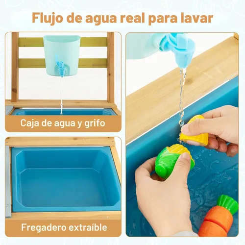 Miniatura 3 de Costzon Cocina de madera para niños, cocina de barro al aire libre con fregadero extraíble, caja de agua y grifo, parte superior de la estufa, Azul