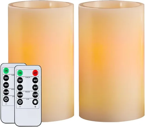 Homemory Velas de cera sin llama de 5 x 3 pulgadas, velas LED de pilar con control remoto y temporizador, luz parpadeante amarilla ámbar para