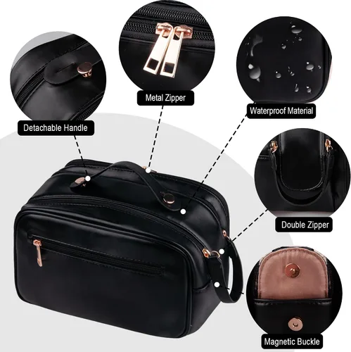 Miniatura 5 de Neceser de aseo personal, organizador de artículos de aseo de viaje de piel sintética, doble cremallera, bolsa de cosméticos de viaje de gran Negro