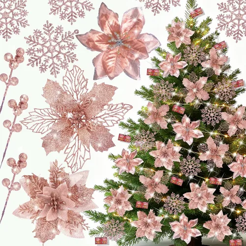 BSMYBO 59 piezas 6 estilos de flores de Pascua artificiales para árbol de Navidad, adornos de Navidad en color oro rosa con tallos de bayas, copos