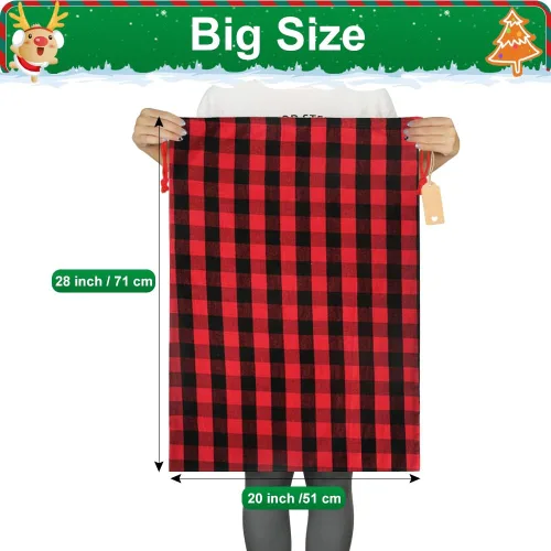 Miniatura 2 de HRX Package 2 bolsas de algodón de Papá Noel, bolsas de Navidad de tela a cuadros de 28 x 20 pulgadas, bolsas de Navidad reutilizables con etiqueta