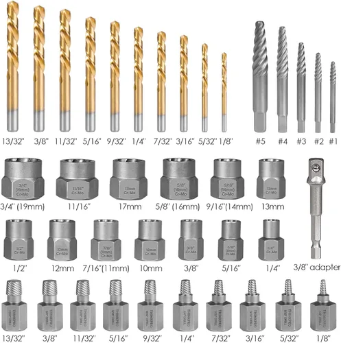 Miniatura 2 de Juego de 39 piezas de extractor de pernos y kit de brocas, extractores de tornillos de splines múltiples, juego de zócalos de extracción fácil