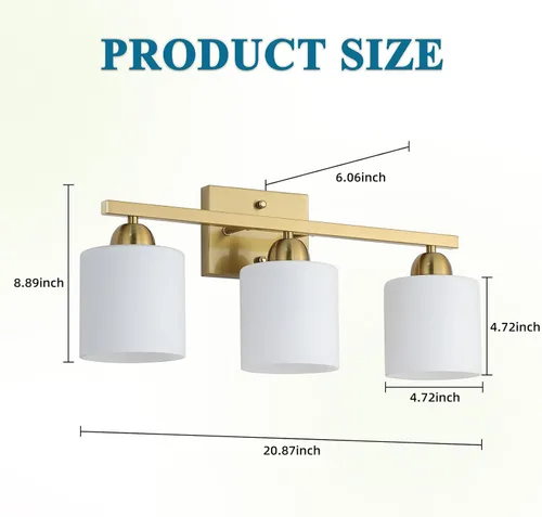Miniatura 5 de Mecgirn Luces de tocador de vidrio de leche de acero inoxidable para baño, 3 luminarias de baño doradas sobre espejo, enchufes de cerámica E26 Dorado