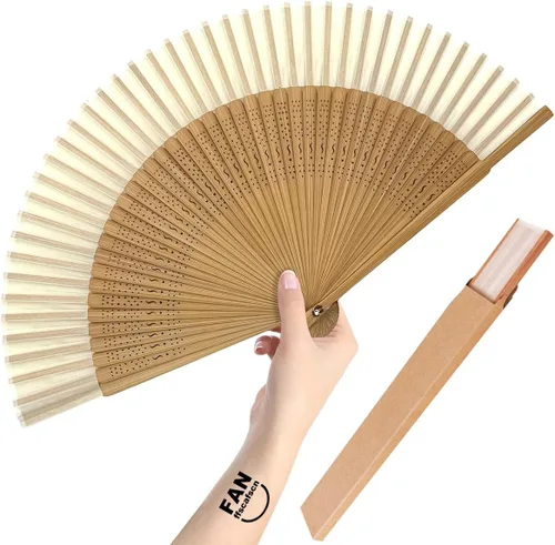 Abanico de mano para seda de bambú japonesa vintage, elegante para danza, festival, boda, iglesia, decoración y fiesta (blanco, mediano)