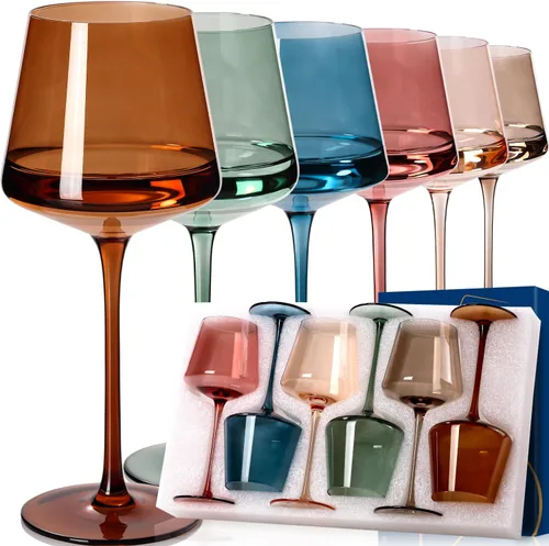 Miniatura 8 de Juego de 6 copas de vino marrón de 18 onzas, color ámbar oscuro, juego de regalo para fiestas, vasos de vidrio soplado a mano marrón para vino tinto