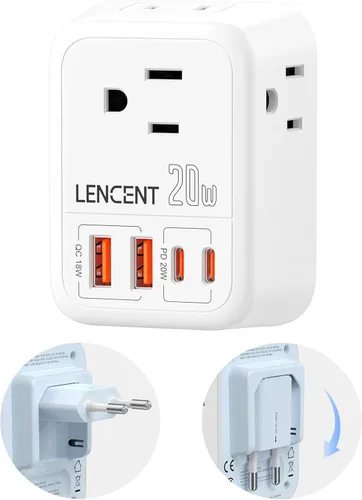 Miniatura 8 de LENCENT Paquete de 2 Adaptadores de Enchufe de Viaje Europeos, Adaptador de Enchufe Plegable de Estados Unidos a Europa con 4 Tomas, Adaptador