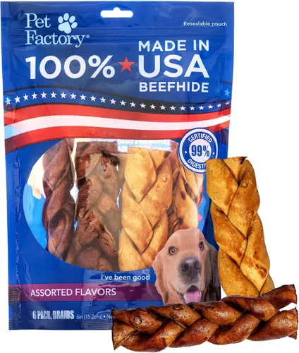 Pet Factory Palitos masticables 100% hechos en Estados Unidos, huesos trenzados de cuero crudo para perro de 6 pulgadas con sabores de carne y pollo