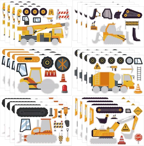 24 hojas de calcomanías de construcción para hacer una cara, calcomanías de juegos de fiesta de excavadora para mezclar y combinar, haz tus propias