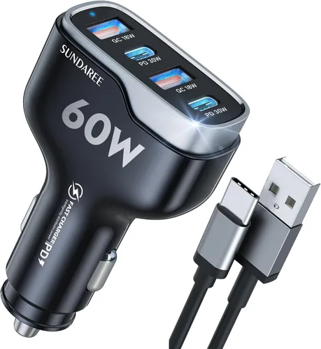 Miniatura 8 de Cargador de teléfono para automóvil, 60 W, 4 puertos, USB C, cargador de coche de carga rápida, adaptador de encendedor de cigarrillos, doble QC 3.0