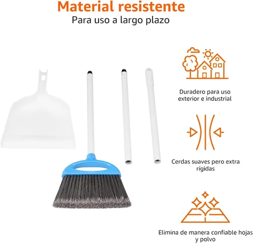 Miniatura 4 de Juego de escoba y recogedor Amazon Basics con montaje fácil y mango largo, azul y blanco