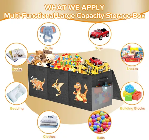 Miniatura 6 de Caja de juguetes extra grande, plegable, resistente, organizadora de juguetes, cestas de dinosaurios con tapas para niños y niñas, sala de estar