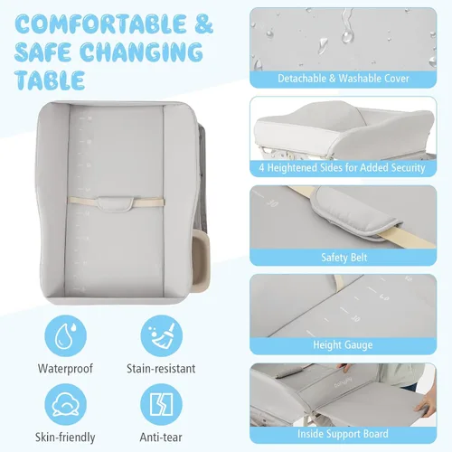 Miniatura 4 de BABY JOY Cambiador portátil para bebé, estación de cambio de pañales plegable con ruedas, altura ajustable, estante de almacenamiento grande, lavabo