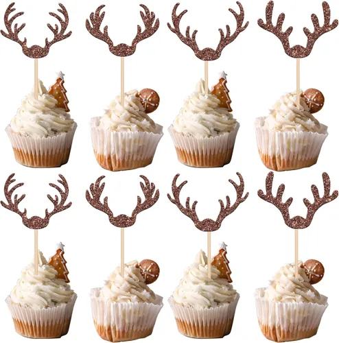 Miniatura 27 de 24 piezas de adornos para cupcakes de Navidad dorados verdes y rojos con purpurina, Papá Noel, árbol de Navidad, adornos para cupcakes para el tema