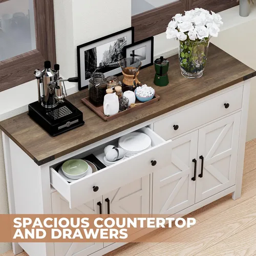 Miniatura 7 de VVFLU 55" Modern Farmhouse Buffet Cabinet with Storage, Coffee Bar Cabinet with 2 Drawers and 4 Barn Doors, Sideboard Storage Cabinet for Kitchen