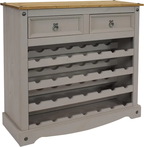 Sunnydaze Mesa de estante de vino de pino macizo de 34.5 pulgadas de alto con 28 botellas, cuatro filas de 7 botellas, 2 cajones, tiradores de cajón