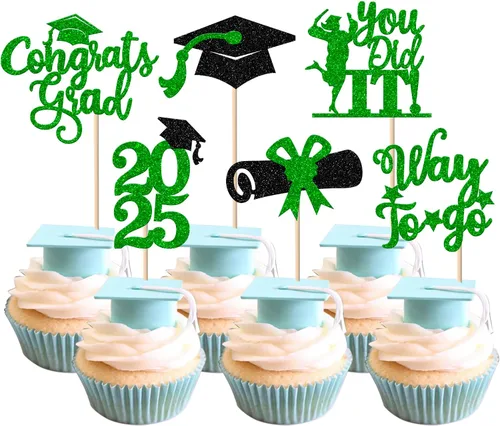 Miniatura 71 de Paquete de 24 adornos para cupcakes de clase 2025 con purpurina 2025 para diploma de graduación 2025 para cupcakes temáticos de graduación 2025