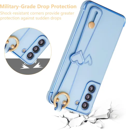 Miniatura 4 de ZTOFERA Funda para Samsung Galaxy S22 Plus 5G con correa para la muñeca, bonito borde chapado de lujo, patrón de corazones de amor para niñas y Azul