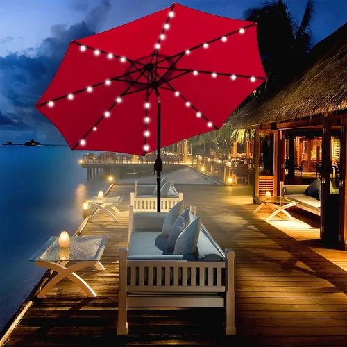 Miniatura 5 de Blissun - Sombrilla solar de 9 pies para exteriores, 32 luces LED, parasol ideal para patio, jardín, cubierta, piscina y playa (rojo)
