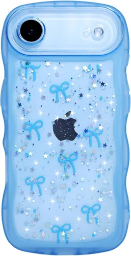 Miniatura 29 de Qokey Funda para iPhone 12 Pro Max de 6.7 pulgadas, diseño de onda rizada, borde transparente, brillante con purpurina, estrella brillante, bonita