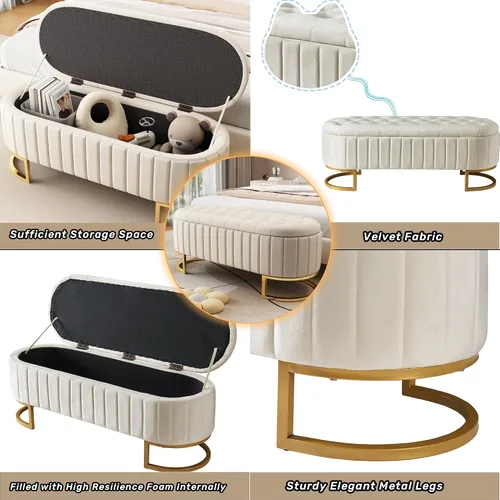 Miniatura 6 de Polibi Elegante otomana tapizada de terciopelo con botones, banco de almacenamiento con patas de metal para dormitorio, sala de estar, entrada, Beige