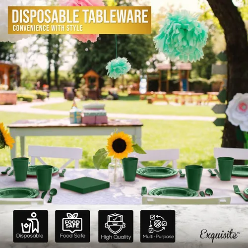 Miniatura 5 de Juego de 350 platos de plástico verde esmeralda para fiestas, juego de platos desechables verde esmeralda, 50 de cada juego de platos llanos de 9