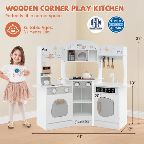 Miniatura 8 de HONEY JOY Cocina de Esquina de Juguete, Juego de Cocina de Madera para Niños Pequeños con Luces, Cafetera, Microondas, Fregadero, Grifo, Juego