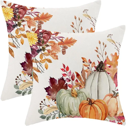 Miniatura 14 de AEIOAE - Juego de 2 fundas cuadradas de almohadones de lino para otoño con calabaza en tono naranja quemado y blanco, para decoración al aire libre