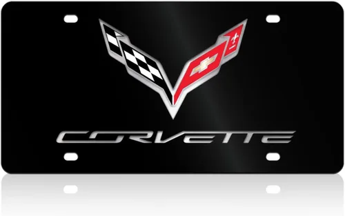 Miniatura 3 de Crossed Flags - Placa de matrícula de acero inoxidable negro para C7 Stingray Corvette