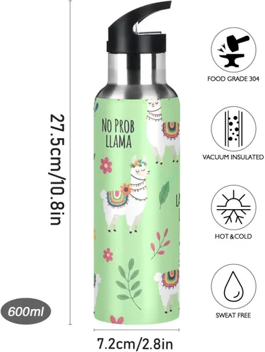 Miniatura 9 de Insulated Stainless Steel Water Bottle with Straw 20 Oz, BPA-Free Sports Water Bottle with Straw for Gym Outdoor Travel School, Cute Llamas Flowers