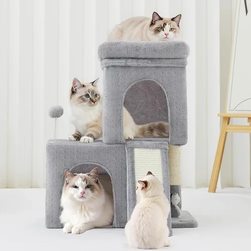 Miniatura 2 de Woochpet Árbol para gatos de 24 pulgadas de alto con 2 condominios para gatos y juguete de ratón, acogedora torre pequeña para gatos con poste