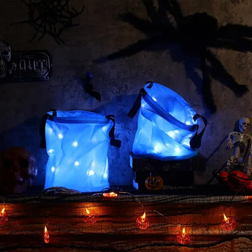 Miniatura 2 de Shappy 2 bolsas de dulces de Halloween con luz LED, para dulce o truco, cubo de dulces de Halloween, multiusos, reutilizable, para suministros