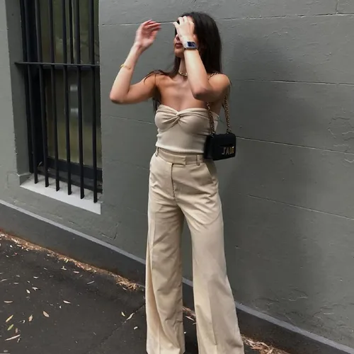 Miniatura 6 de Camiseta corta sin tirantes para mujer, parte delantera torcida, hueca, de punto, sin mangas, bandeau, bustier, ropa estética