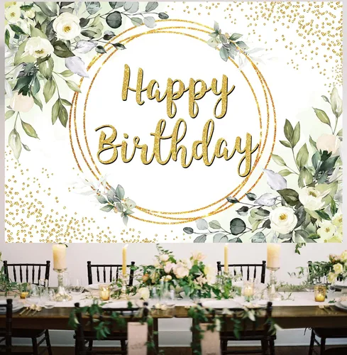 Miniatura 2 de Telón de fondo verde de feliz cumpleaños, suculenta y hojas verdes de eucalipto doradas, fondo de fotografía de selva, niños, niñas, mujeres, baby
